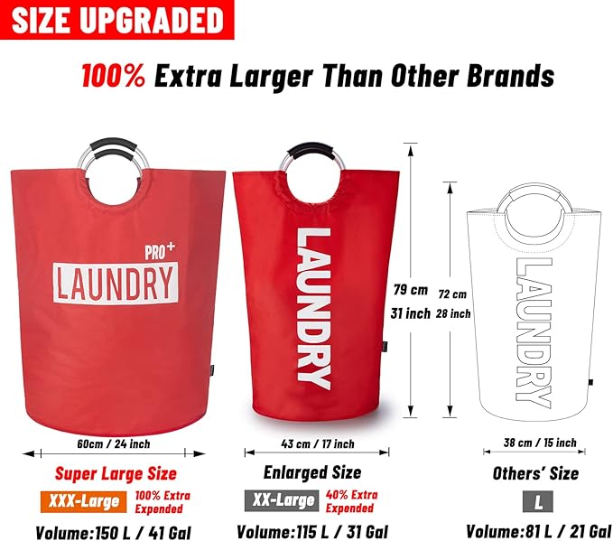 Caroeas Super Large 150L Laundry Basket Pro, Waterproof Laundry Hamper, Collapsible Laundry Basket Easy Storage, Clothes Hamper Stands Up Well, Laundry Bag with Padded Handles (Red)