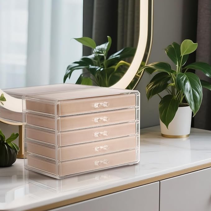 Jewelry Box Organizer，Acrylic Storage Organizer with 5 Drawers Adjustable Velvet Trays grid size Jewelry Storage Box Clear Jewelry Organizer Gift for Women Girls (5 layer)