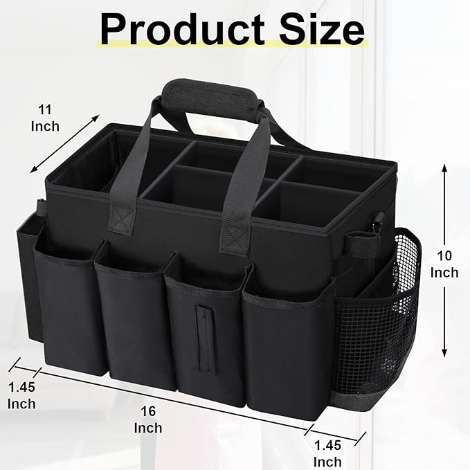 Wearable Large Cleaning Caddy Bag for Housekeeper, Clean Supply Organizer with Adjustable Shoulder, Waist & Handle Straps, Detailing Bag for Kitchen Supplies (Black)