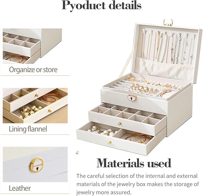 3 Layer Jewelry Organizer Box with Drawers, Lockable PU Leather Jewelry Storage Case for Necklace Earring Ring Bracelet Watch, White