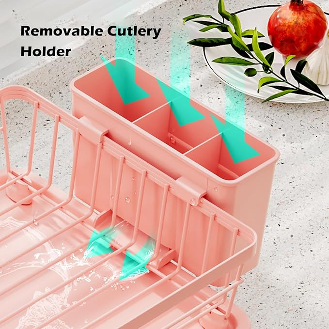 BULIJUJU Small Dish Drying Rack, Space Saving Dish Racks for Kitchen Counter, Kitchen Organizer Dish Drainer with Cutlery Holder for Spoons and Forks, 11''W x 15''L, Pink