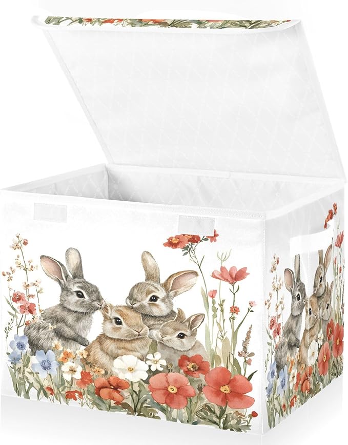 senya Easter Baskets Collapsible Storage Bins with Lids, Red Flowers Bunnies Storage Boxes Clothes Baskets for Organizing