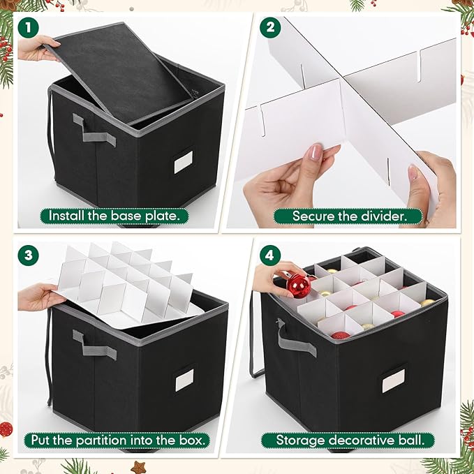 CHENGU 2-pack Christmas Ornament Storage Stores up to 64 Christmas Ball Accessories Holder with Adjustable Dividers, Zippered Closure Two Handles for Holiday Ornaments and Xmas Decorations(Black)