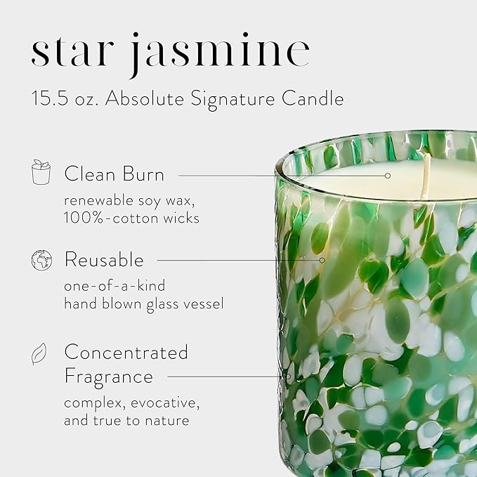 LAFCO New York Signature Candle, Star Jasmine - 15.5 oz - 90-Hour Burn Time - Reusable, Hand Blown Glass Vessel - Made in The USA
