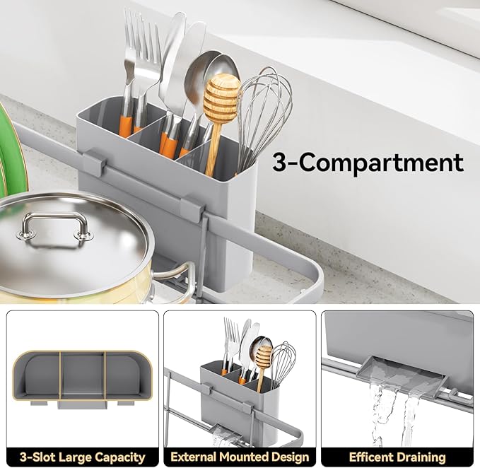 TOOLF Large Dish Drying Rack for Kitchen Counter,Kitchen Dish Racks with Drainboard,Sink Dish Strainer Rack,Countertop Dish Drainer Rack with Cup & Utensil Holders,Gray