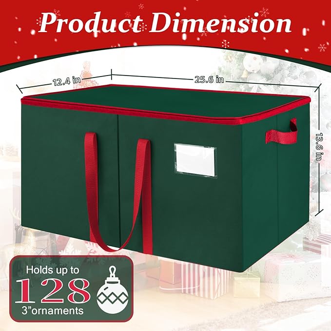 Christmas Ornament Storage Box, Holds Up to 128 Ornaments with Adjustable Dividers, Large & Sturdy Holiday Decoration Ornament Organizer Storage Bin with Zipper and Handles, Green
