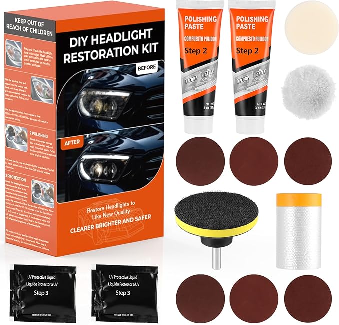 ISINFLASH Headlight Restoration Kit, Polish Restore Cleaner Clean Tool DIY Polishing, Sanding Discs, Scouring Pads for Electric Drill, 3 Easy Steps to Restore Sun Damaged Car Headlights Lens