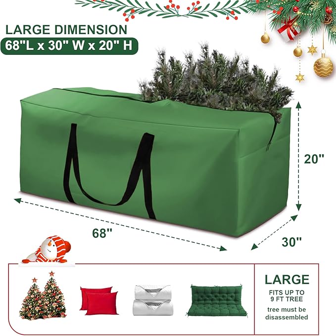 12ft Christmas Tree Storage Bag Extra Large 420D Tree Storage Bag for Disassembled Artificial Trees (Fits 7ft-12ft), Waterproof Double Zippers and Durable Handle, 68"L x 30"W x 20"H, Green,1 Pack
