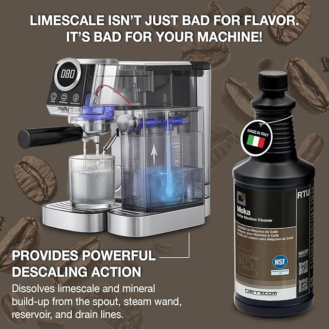 ERRECOM Moka, Coffee Machine Descaler, NSF Registered A3, Compatible with all Coffee Machines and Kettles, Quart bottle