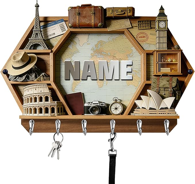 Personalized 2D Flat Print World Travel Themed Mounted Hooks for Men Women Family Friends Lovers Custom Name World Map Key Storage Holder Travel Coat Rack Home Decor Gift for Living Room Hallway
