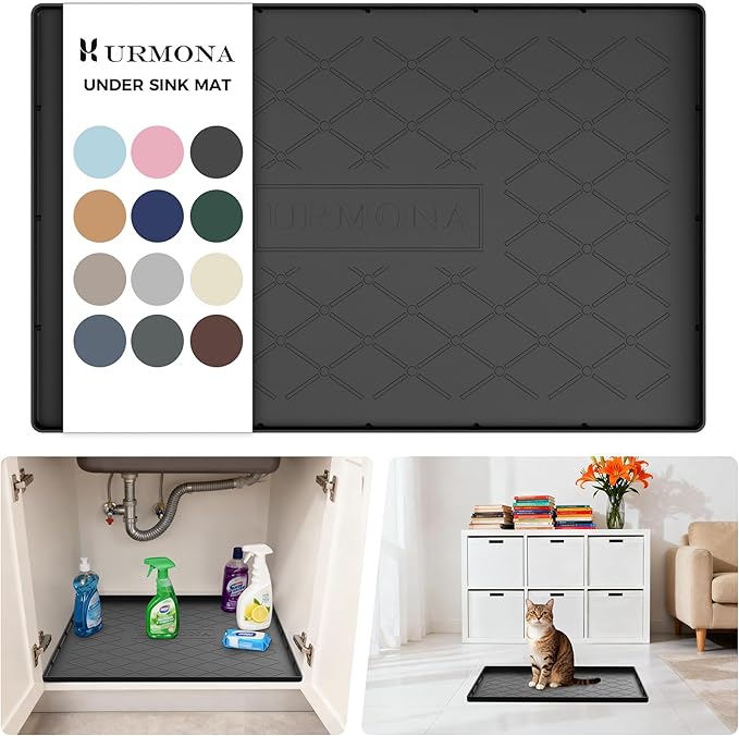 URMONA Under Sink Mat for Kitchen Waterproof, 22" x 14" Silicone Under Sink Mat for Shelf Liner Organizer, Cabinet Sink Protector Under Sink Liner for Bottom Kitchen, Bathroom(Black)