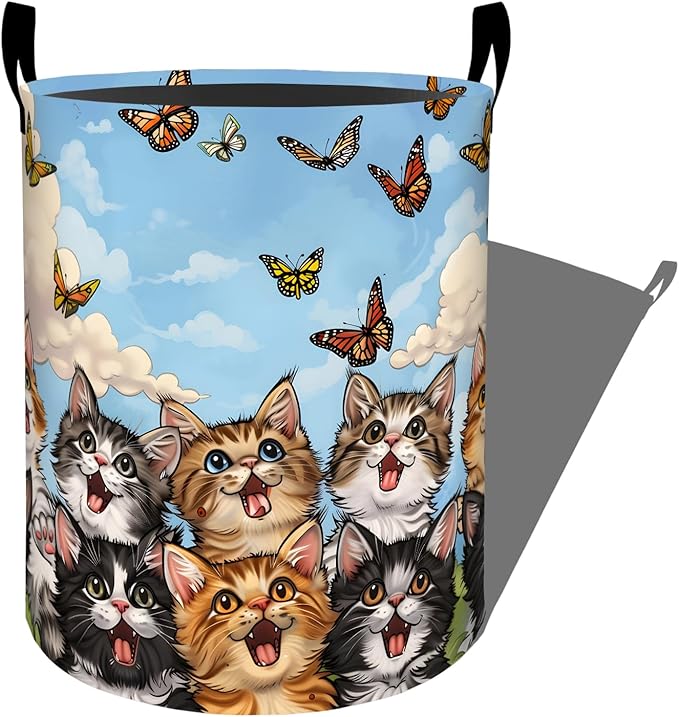 Playful Cat Watching Butterflies in Sky Laundry Basket with Handles, 19.7"x15.7" Clothes Foldable Kittens Laundry Hamper Organizer for Dorm Nursery Bedroom Bathroom Decor, Toy Storage Bin for Kids