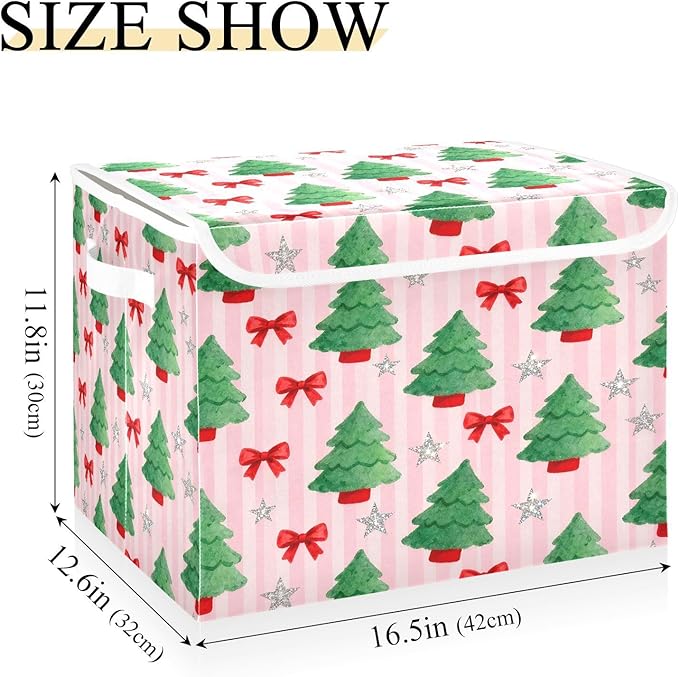 Christmas Tree Bows Stars Storage Bins with Lids Foldable Storage Basket with Handles Collapsible Large Fabric Organizer Containers for Clothes Shelves Closet Office Home