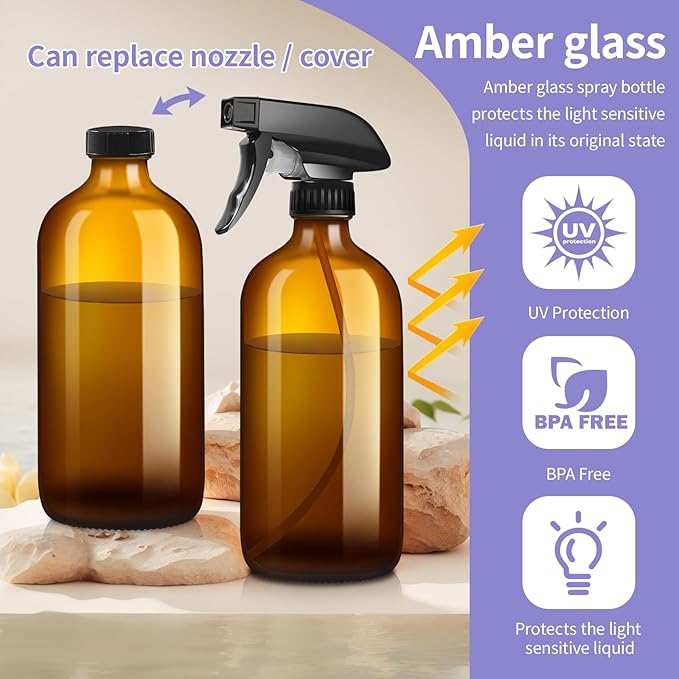 sietpoek 9 Pack Glass Spray Bottle 16oz, Empty Amber Spray Bottle Refillable Container for Essential Oils,Cleaning Products,Aromatherapy spray device