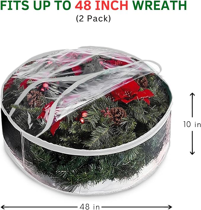 ProPik Christmas Wreath Storage Bag - 2 Pack Artificial Christmas Wreath Storage Container- Garland Holiday Wreath Storage Holder –Water Proof Transparent Clear PVC - with Handles (White, 48 Inch)
