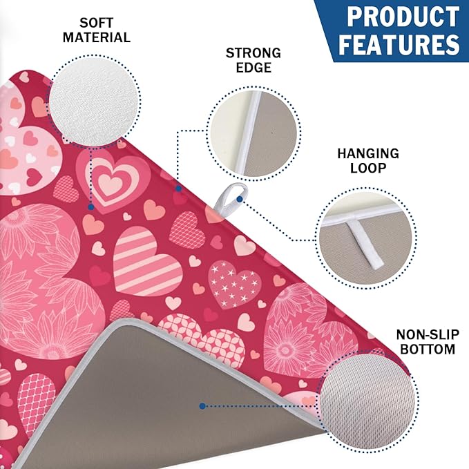 ABSOP Valentine's Day Dish Drying Mat 18 x 24 Inch Heart Shaped Pattern Dish Drying Pad Absorbent Microfiber Mats for Red Dish Rack Pad for Kitchen Counter Coffee Bar Decor