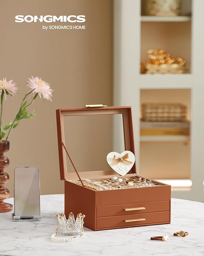SONGMICS Jewelry Box Organizer with Glass Lid, 3-Layer Jewelry Storage, with 2 Drawers, Modern Style, 8 x 9.1 x 5.3 Inches, Caramel Brown and Gold Color UJBC239K01