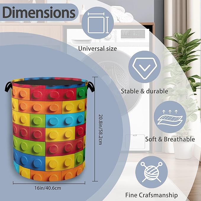 Colorful Building Blocks Laundry Hamper,Dirty Clothes Laundry Basket with Handles Waterproof Oxford Cloth Storage Basket for College Dorms Bathroom Bedroom 16" x 20.8"