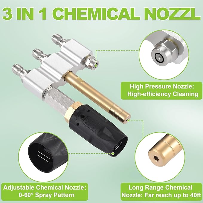 Ciunura 3 in 1 Downstream Soft Wash Chemical Nozzle, M5 Twist Nozzle Shooter Tips, 0-60°Adjustable Spray Pattern, for 1700-6000PSI, 3-7 GPM Pressure Washer, with 1/4 inches Quick Connect
