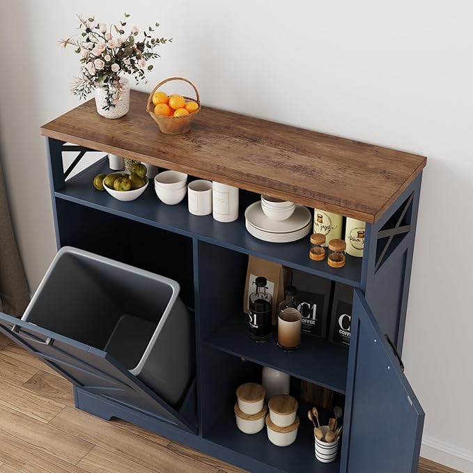 Tilt Out Trash Can Cabinet for 13 * 1 Gallon Trash Can, Farmhouse Kitchen Island Cabinet with Adjustable Shelf for Hidden Laundry Basket, Dog Proof Garbage Can for Dining Living Room, Blue