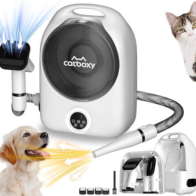 Catboxy Dog Grooming Vacuum and Pet Dryer, 5-in-1 Dog Grooming Kit for Shedding, Low Noise Doggie Hair Blow Dryer, 2.5L Canister for Cat Vacuum Groomer, Portable Pet Trimmers for Dogs, White