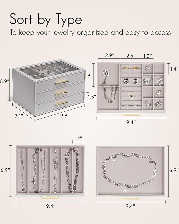 Vlando Jewelry Box for Women,Jewelry Box&Organzier,3-Layer Jewelry Holder Organzier,Glass Lid Jewelry Storage for Gem Diamond Necklaces Rings Earrings Bracelets Grey