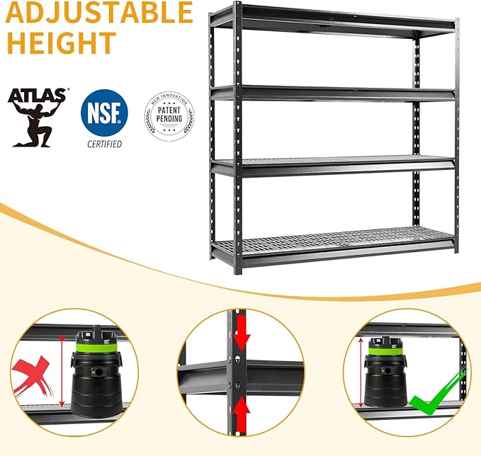Shuntong The Atlas 72" W Metal Garage Shelving Unit Load 12000 Lbs, 4 Tier Heavy Duty Storage Rack, Adjustable Industrial Shelves for Warehouse Shop Basement, 72" W x 24" D x 72" H, Black