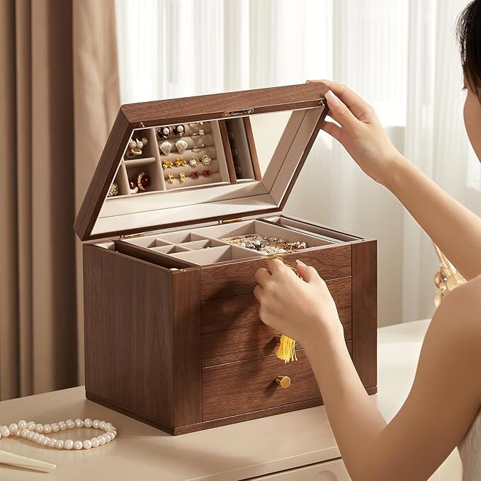 CHOSIN Black Walnut Wooden Jewelry Box, 4-Layer Lockable Wood Jewelry Organizer with Mirror, Side Doors & Brass Handle, Classical Design for Rings, Necklaces, Earrings, Watches, Valentine's Day Gifts