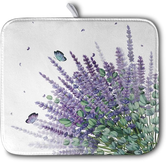 Kwlegh Purple Lavender Dish Drying Mat for Kitchen Counter Spring Summer Floral Microfiber Dish Drainer Mats Green Leaves Butterfly Absorbent Reversible Dish Drainer Rack Mat 16x18 Inch