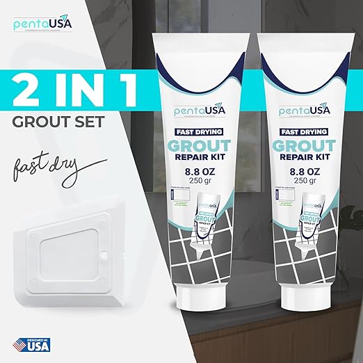 PentaUSA Grout - Premixed Grout Repair Set, 8.8 oz, 2 Pack Tile Grout Tubes, Repairs and Renews Tile Grout in Bathroom and Kitchen, Odorless and Safe Formula - 2 Pack (White)