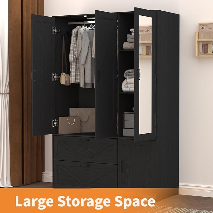 Armoire Wardrobe Closet with Mirror and 2 Drawers, 72''H Bedroom Armoire Wardrobe Cabinet with Hanging Rod and Light,Wooden Bedroom Closet with Adjustable Shelf