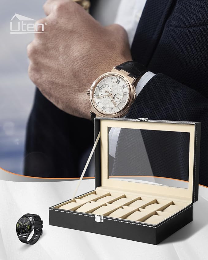 Uten Watch Organizer - 12 Slot PU Case with Glass Lid, Valentine's Day Gift, Watch Display Box with Removable Pillow, Metal Clasp