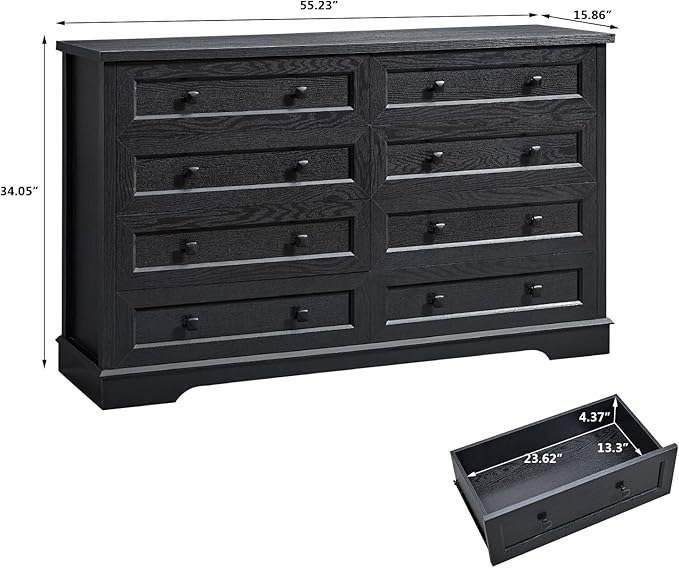 LIDYUK 8-Drawer Black Dresser for Bedroom Farmhouse Dresser Chest of Drawers, 55" Wide Clothes Organizer Wood Chest of Drawers for Bedroom, Living Room