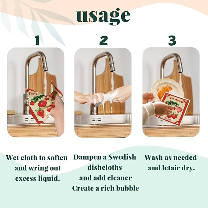 LARTSFRO Swedish Dishcloths for Kitchen, Pink Strawberries Peach Orange Lemon Swedish DishCloths for Summer Friut Market, 4 Pack Dish Towels for Kitchen, Papaya Reusable Paper Towels Washable