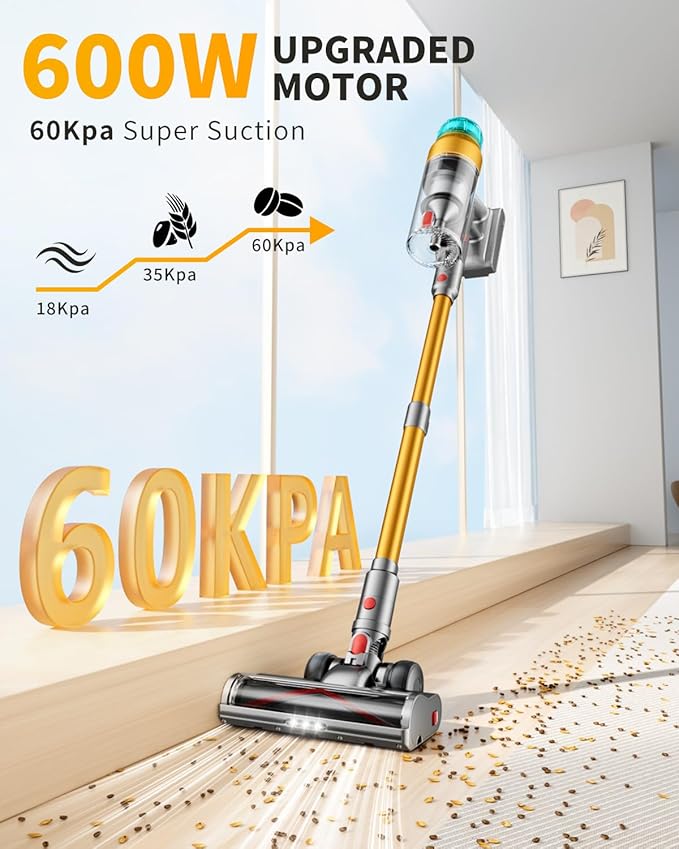 MBYULO Cordless Vacuum Cleaner for Home 600W 60Kpa Upgraded Powerful Stick Vacuum Up to 75Mins, Anti-Tangle & Wall Mount Charging, 8 in 1 Lightweight Vacuum Cleaners for Home/Pet Hair/Carpets/Floors