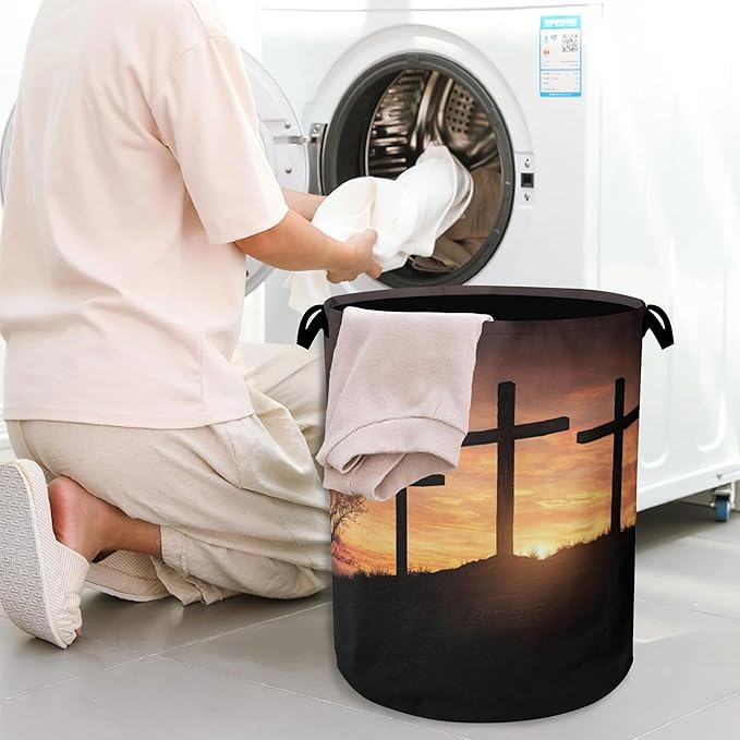 Cross Sunset Laundry Basket,Foldable with Handles Tote Bag Oxford Cloth for Bathroom Bedroom Dirty Clothes Storage Bucket 16" x 20.8"