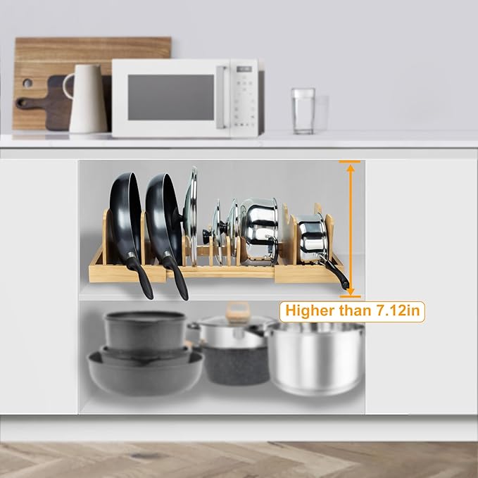 MinBoo Bamboo Expandable Pot Lid Organizer Pot Lid Holder, Pot and Pan Organizer Drawer Organizer for Pot Lids, Adjustable Dividers for Kitchen Cabinet Organizers and Storage,Large