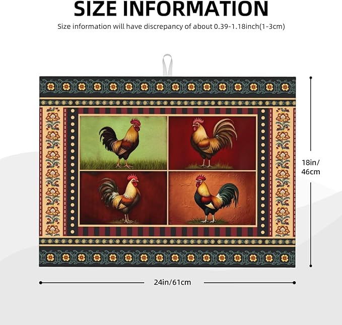 Retro Chicken Dish Drying Mat 18x24 For Kitchen Counter Absorbent Microfiber Dishes Pad Dish Drainer Rack Mats Fast Dry Kitchen Accessories