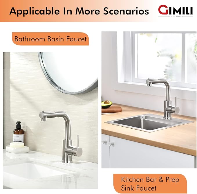 GIMILI Modern Bar Sink Faucet for Kitchen Sink Single Handle with Pull Out Sprayer Hot and Cold Prep Sink Faucet Brushed Nickel