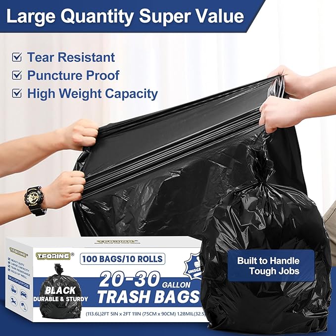 T.FORING 20-30 Gallon Trash Bags Black - 1.28 Mil Thick,30" x 35" Large Garbage Bags 100 Count，20+ Gallon Heavy Duty Trash Can Liners Unscented for Kitchen Home Office Commercial Outdoor