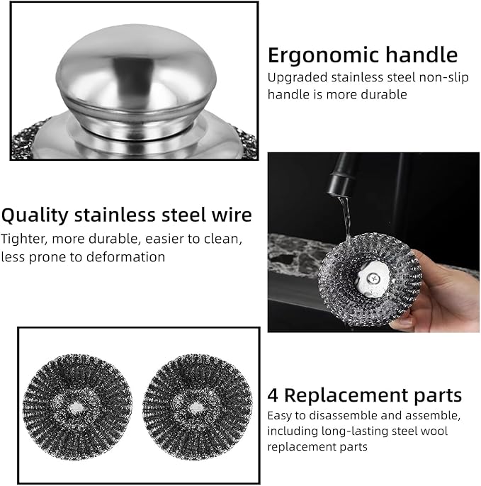 Ahasyyinan 6 Pcs Steel Wool Scrubber, Stainless Steel Scrubber Pads for Cleaning Dishes, Cast Iron, Grill, Stove, Oven, Sink, Stubborn Messes (2 Scrubber + 4 Pads)