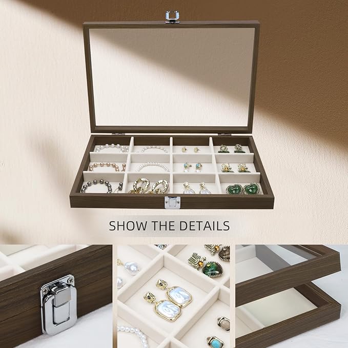 Wudygirl 12 Grid Jewelry Tray Wooden Jewelry Organizer with Clear Lid Vintage Jewelry Box Jewelry Display Case for Women Bracelet Earring Holder Organizer（12 Grid）