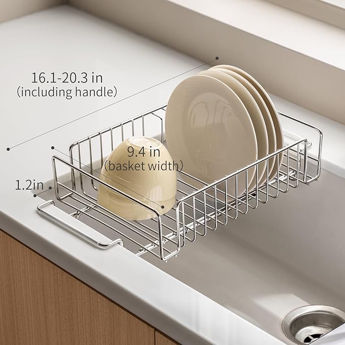 LANZYLO Expandable Stainless Steel Dish Drainers for Kitchen Counter, Dish Dryer Rack for Inside Sink, Over The Sink Dish Racks 1PCS, Silver (Large)