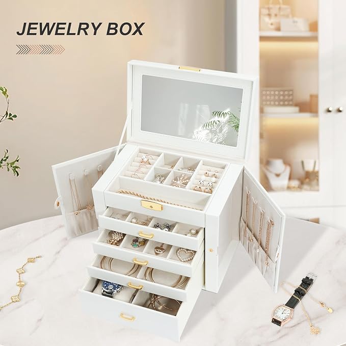 Jewelry Box for Women, 5-Layer Jewelry Organizers Box, Large Jewelry Storage Box for Girls, Jewelry Holder Organizers Gift for Valentine's Day, Christmas, New Year (White)