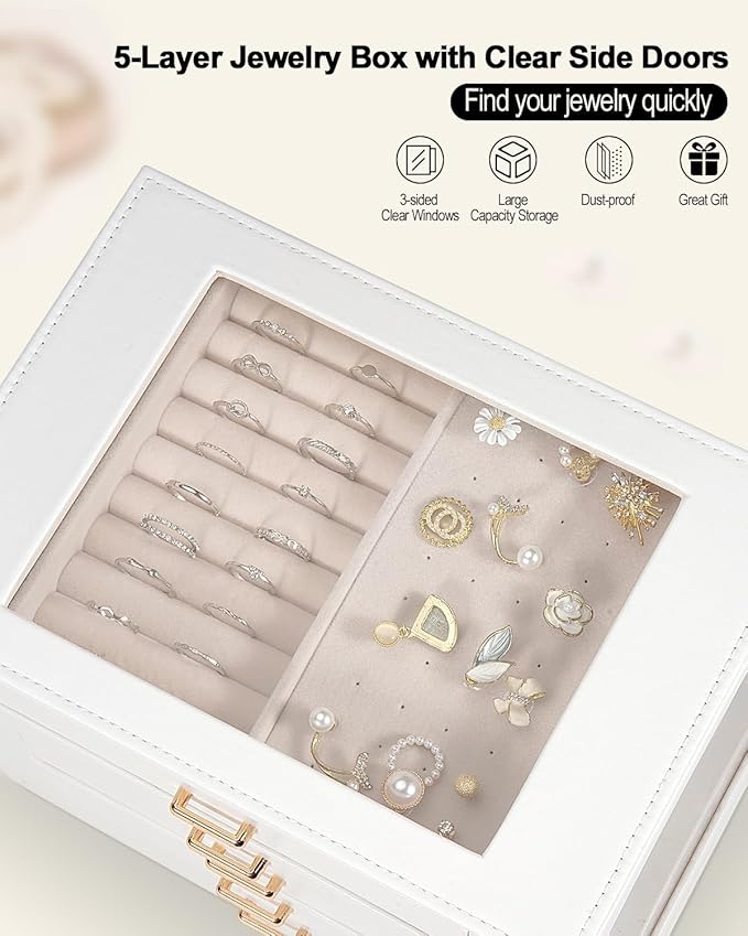 GUOER Jewelry Box 5 Layer for Women, Glass Lid Jewelry Organizer with 5 Drawers for Necklaces Rings Earrings Bracelets, Functional PU Leather Jewelry Storage Case Holder (White)