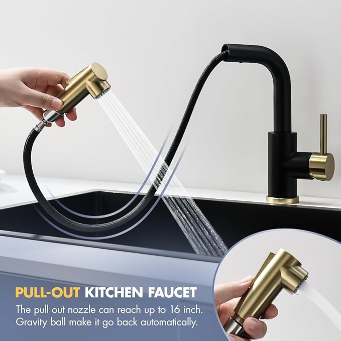 GIMILI Modern Bar Sink Faucet for Kitchen Sink Single Handle with Pull Out Sprayer Hot and Cold Prep Sink Faucet Black and Gold