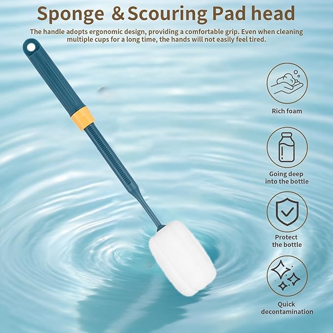 Dishwashing Foam Sponges Brush Telescopic Long Handle Scrubbing Brushes Clean Dishes, Sinks,Cookware,Coffee Glasses Pot Milk Cup Mugs Wine Bottle (4pcs)