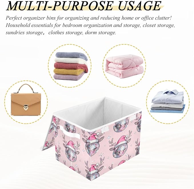 Christmas Disco Ball Reindeer Storage Bins with Lids Foldable Storage Basket with Handles Collapsible Large Fabric Organizer Containers for Clothes Shelves Closet Office Home