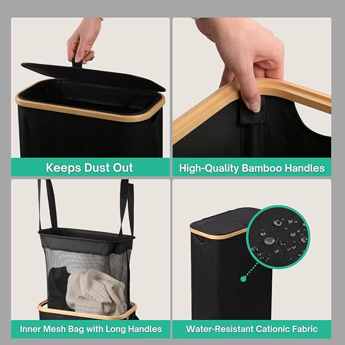 ErraLife Slim Laundry Hamper with Lid, 60L Capacity, Bamboo Handles, and Steel Ring Removable Inner Bag - Collapsible Clothes Basket Laundry Organizer for Bedroom, Bathroom, Dorm, Black