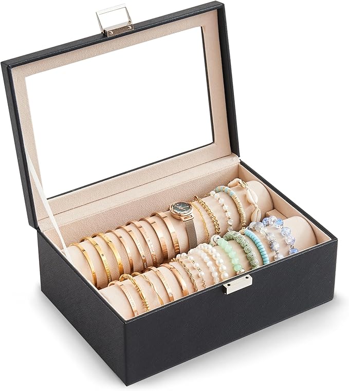 Lolalet Bracelet Display Holder with Rods for Bangles Watches, Clear Lid Jewelry Organizer Box Storage Case for Women Girls -Black